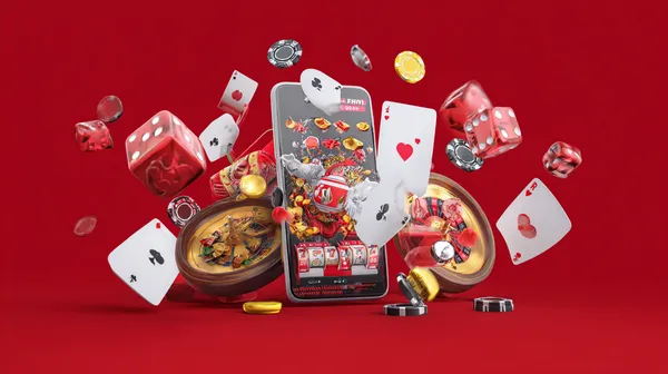 A woman smiling while playing online games on her laptop, surrounded by neon casino elements, showcasing 777BED’s diverse game collection.